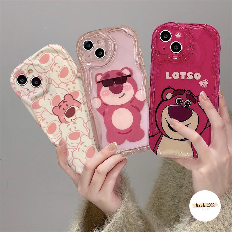 IPHONE Kartun Manyo Keren Strawberry Bear Memakai Sunglasse Case Kompatibel Untuk Iphone11 12 XR 7 8 6s 6 Plus 13 14 Pro Max X XS Max SE 3D Wavy Curved Edge Glossy Shockproof Soft Cover