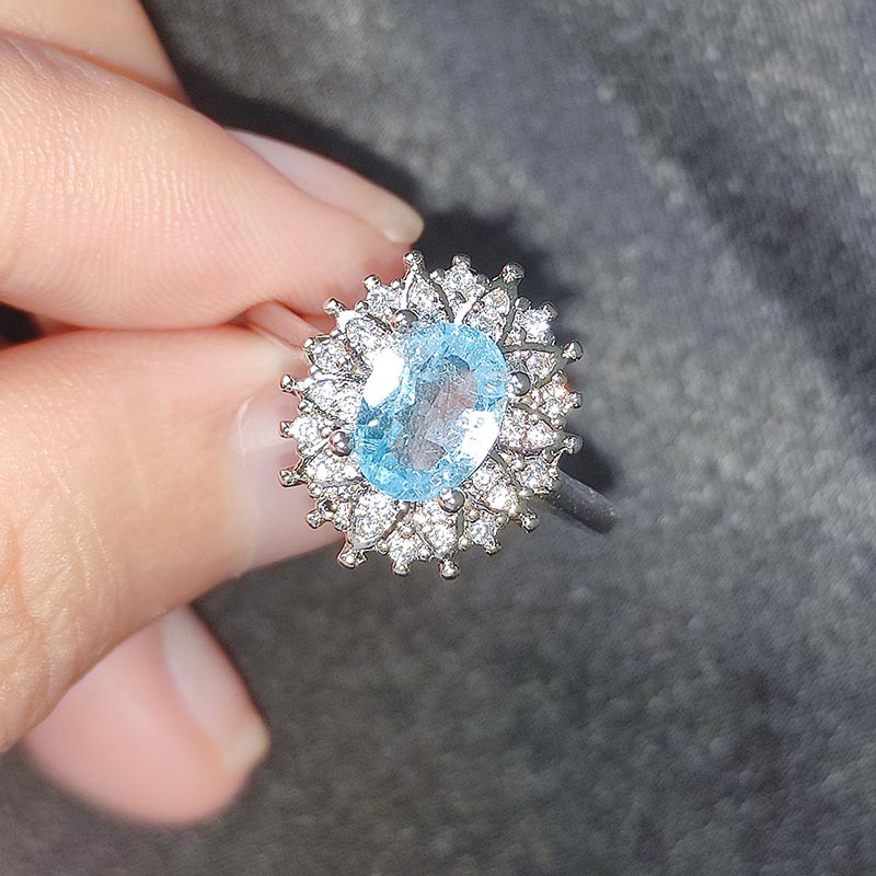 Goldkingdom Aksesoris Perhiasan Fashion Ready Stock Natural Sky Blue Topaz Ring Cincin Warna-Warni Perempuan