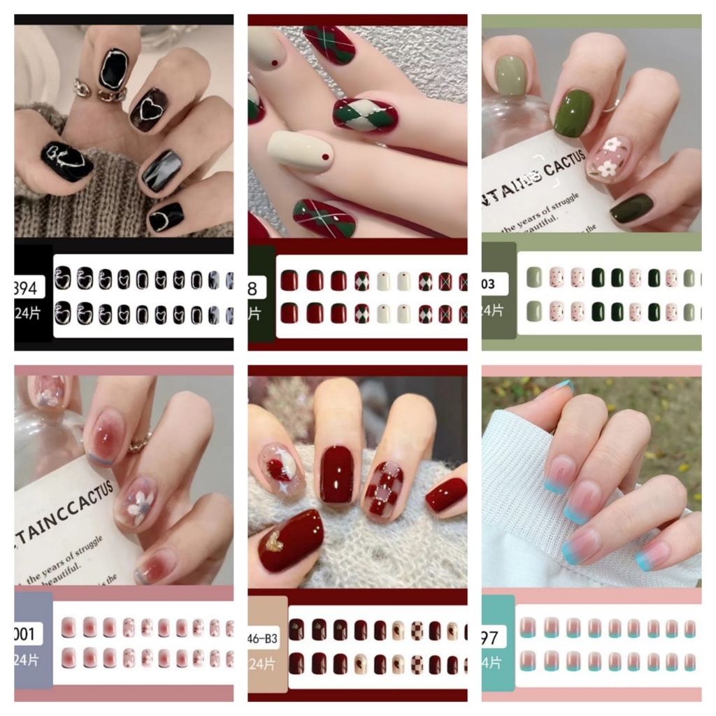 ♫ Megata ♫ FN Kuku Palsu 24 Pcs Free Lem Cair Matte Glossy Motif Cute Dan Lem Kuku Nail Art Kotak