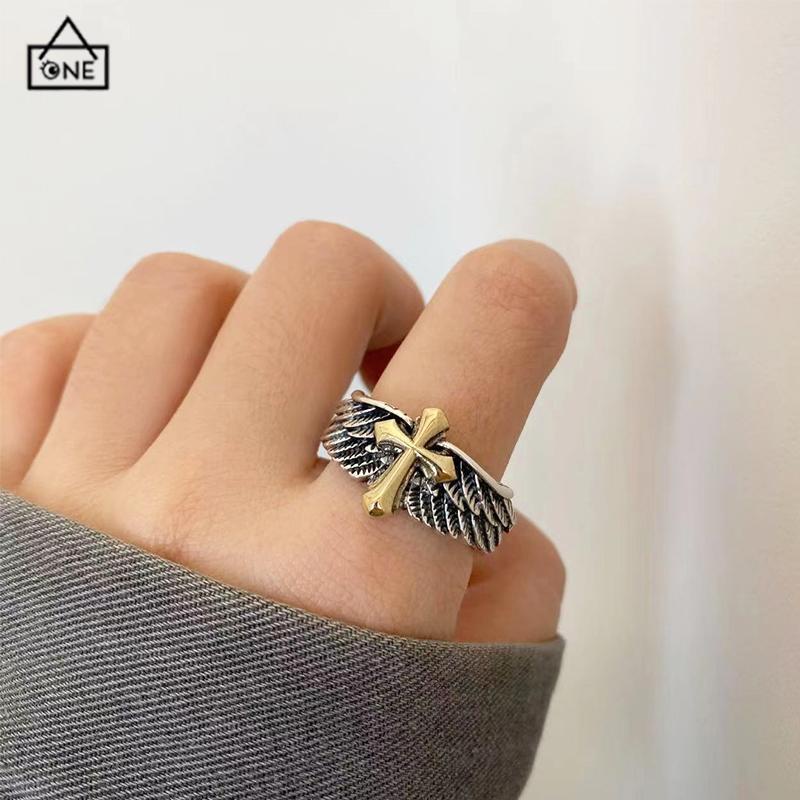 COD❤️Cincin Pria Vintage Wings Cross Grafiti Surat Terbuka Cincin Pribadi-A.one