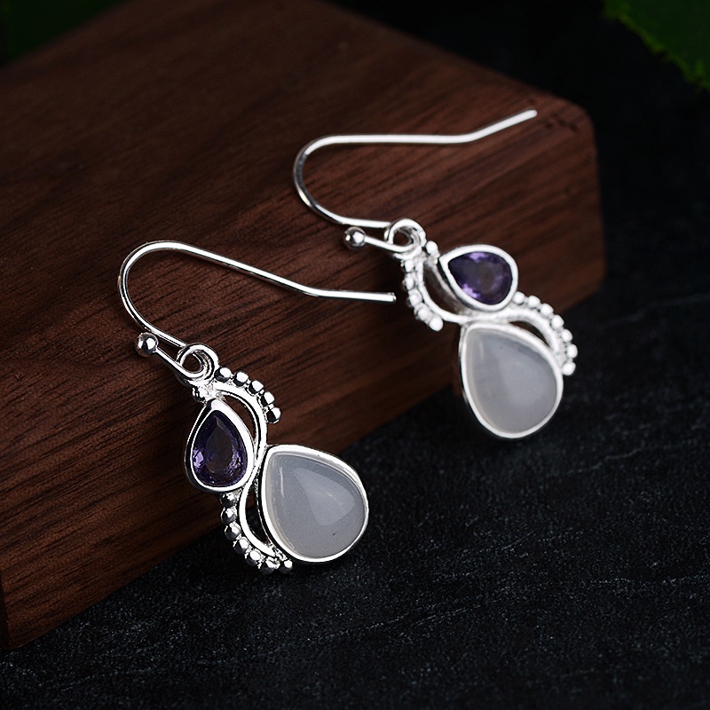 Goldkingdom Aksesoris Perhiasan Fashion Ready Stock Amethyst Water Drop Pear Shaped Colorful Moonstone Earrings Vintage Anting Wanita