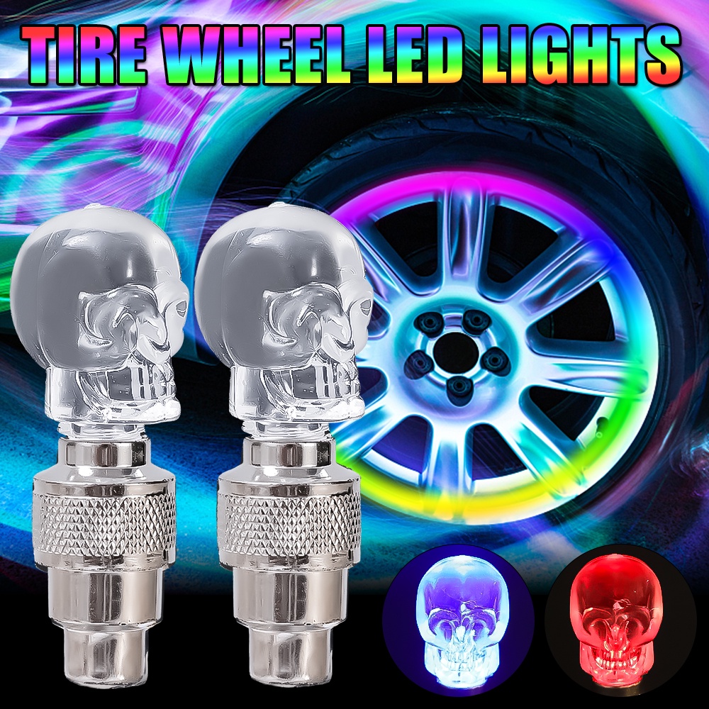 2pcs Colorful Skull Bicycle LED Valve Lampu Mobil Motor Sepeda Roda Ban Cahaya Tire Valve Tutup Debu Bersepeda Jari-Jari Peringatan Cahaya Auto Sepeda Aksesoris