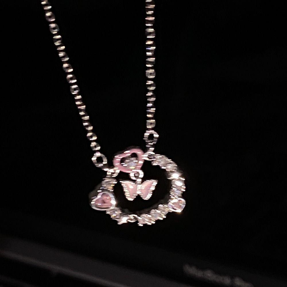 Mxbeauty Y2K Wanita Kalung Aesthetic Pesona Halus Klavikula Rantai Kupu-Kupu Berlian Imitasi Alloy Pink Hati Gadis Choker