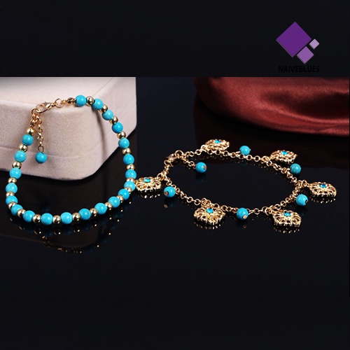 &lt; Naiveblues &gt; Gelang Kaki Rantai Kaki Boho Double Layers Rhinestone Flower Turquoise