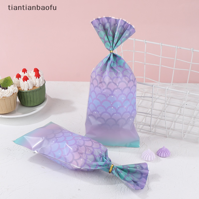 [tiantianbaofu] 50pcs Mermaid Plastic Goodie Bag Mermaid Tail Permen Biskuit Kemasan Kantong Butik