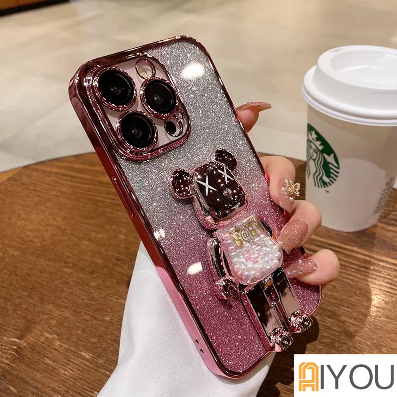 IPHONE Kartun Lucu Beruang Gradien Glitter Violence Bear Stand Plating Case Case Untuk Iphone14 13 12 Pro Max11Xxxr Xs8 7 Plus