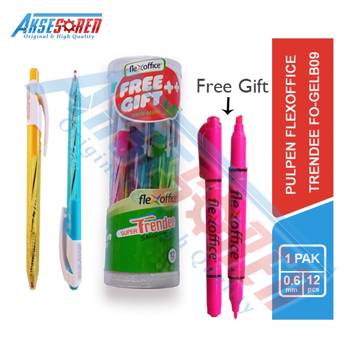 

Aksesoren Pulpen Flexoffice Trendee [FO-GELB09/1 Pack/12 Pcs] / Alat Tulis Sekolah / Ballpoin Semi Gel 0.6 Mm / Bulpen Cetekan Murah Tinta Hitam 1 Tube