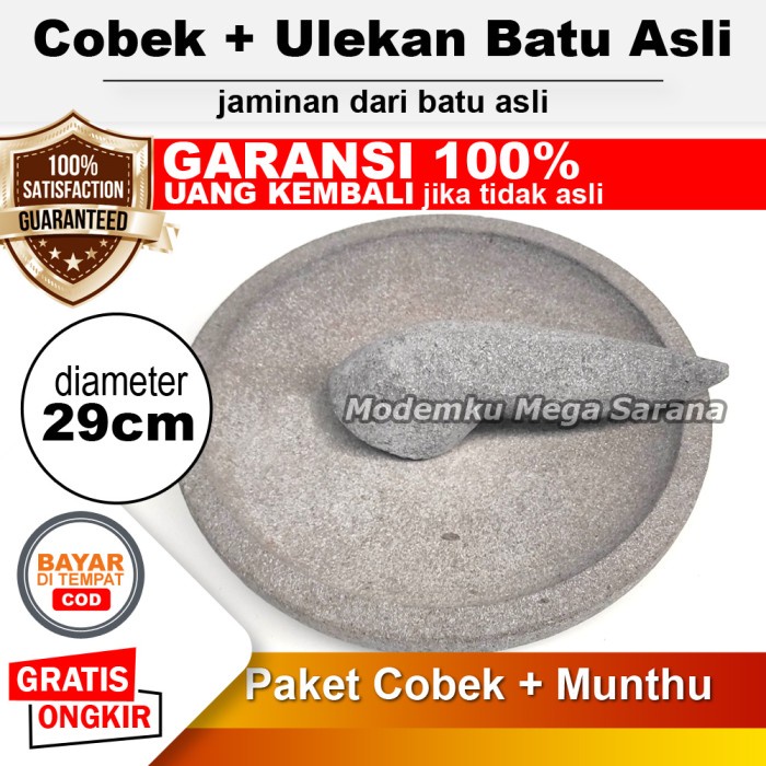 Cobek Batu Asli Original + Ulekan Munthu Muntu Muntilan Merapi - 29 cm