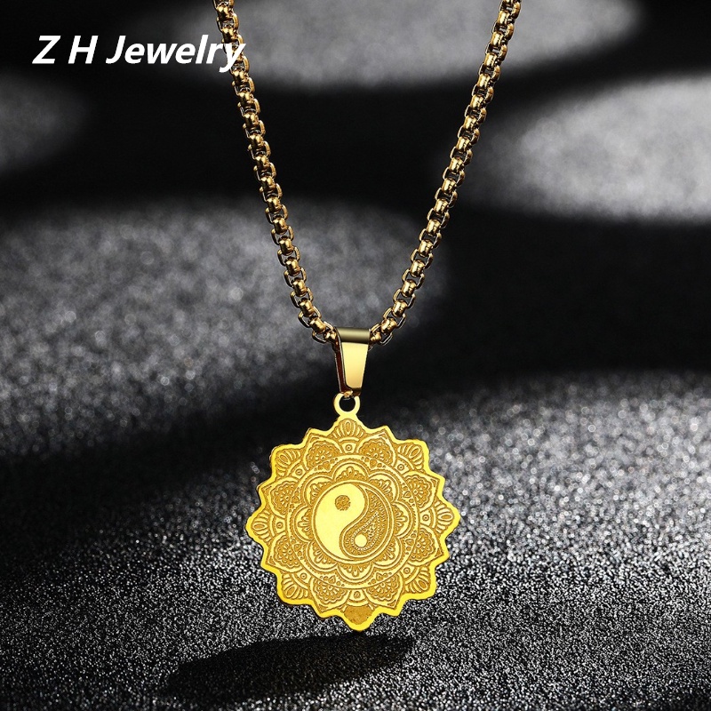 Zh Perhiasan Vintage Stainless Steel Kehidupan Bunga Liontin Fashion Pria Dan Wanita Mandala Kalung Hip Hop Aksesoris Pesta