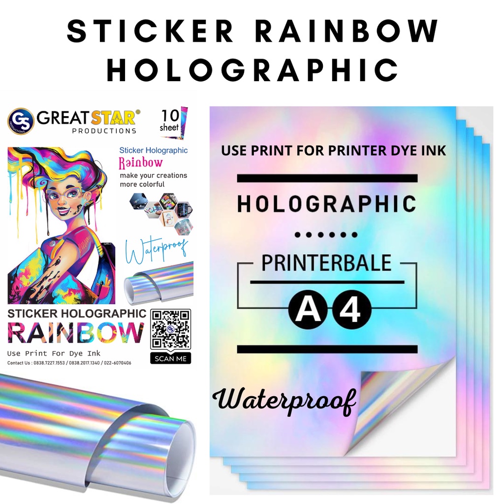 

STICKER RAINBOW HOLOGRAFIC WATER PROFF A4/10 LEMBAR