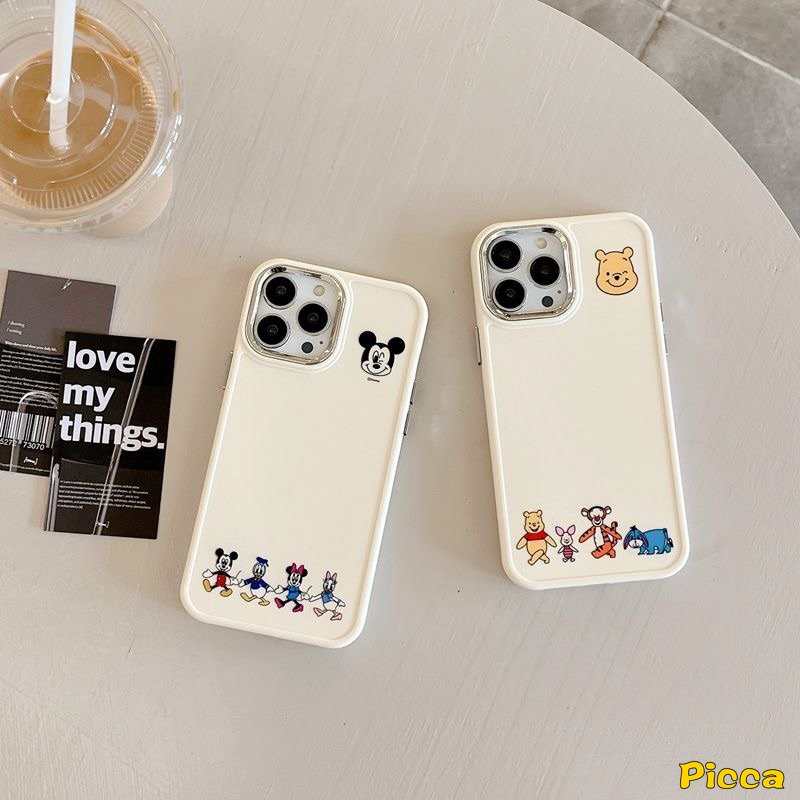 Caroon Disney Mickey Minnie Mouse Case Kompatibel Untuk IPhone 14 11 12 13 Pro MAX X XR 7 8 Plus XS MAX Lucu Winnie The Pooh Bear Pasangan Mewah Plating Bingkai Lensa Metal Soft Cover