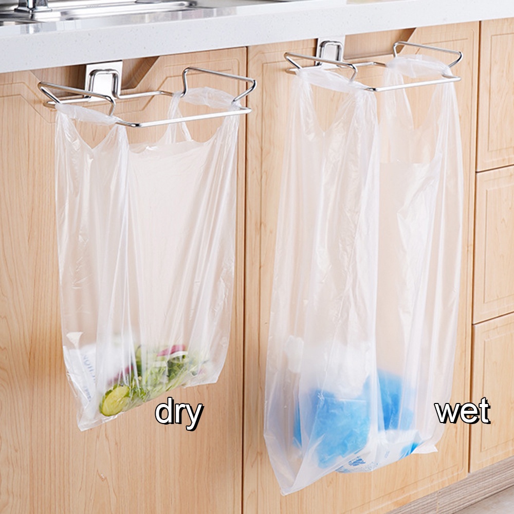 Over Cabinet Trash Bag Holder Laci Tempel Tempat Kantong Sampah Stainless Steel Wadah Sampah Lemari Kain Handuk Rak Gantung Doorback Payung Holder Organizer Dapur