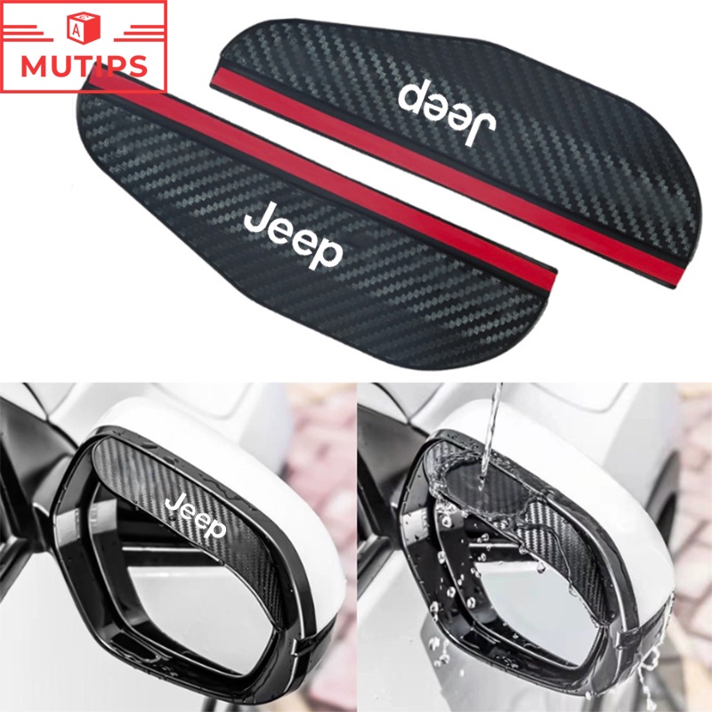 Jeep 2Pcs Kaca Spion Mobil Serat Karbon Visor Hujan Pelindung Alis Cover Stiker Untuk 2023 Willys Wrangler jk Grand Renegade Compass Cherokee