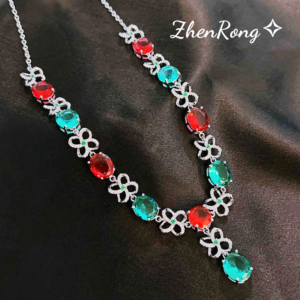 Goldkingdom Fashion Perhiasan Aksesoris Ready Stock Mewah Colorful Harta Karun Kalung Anting Cincin Set Tiga Potong Dari Batu Permata Turmalin Warna-Warni