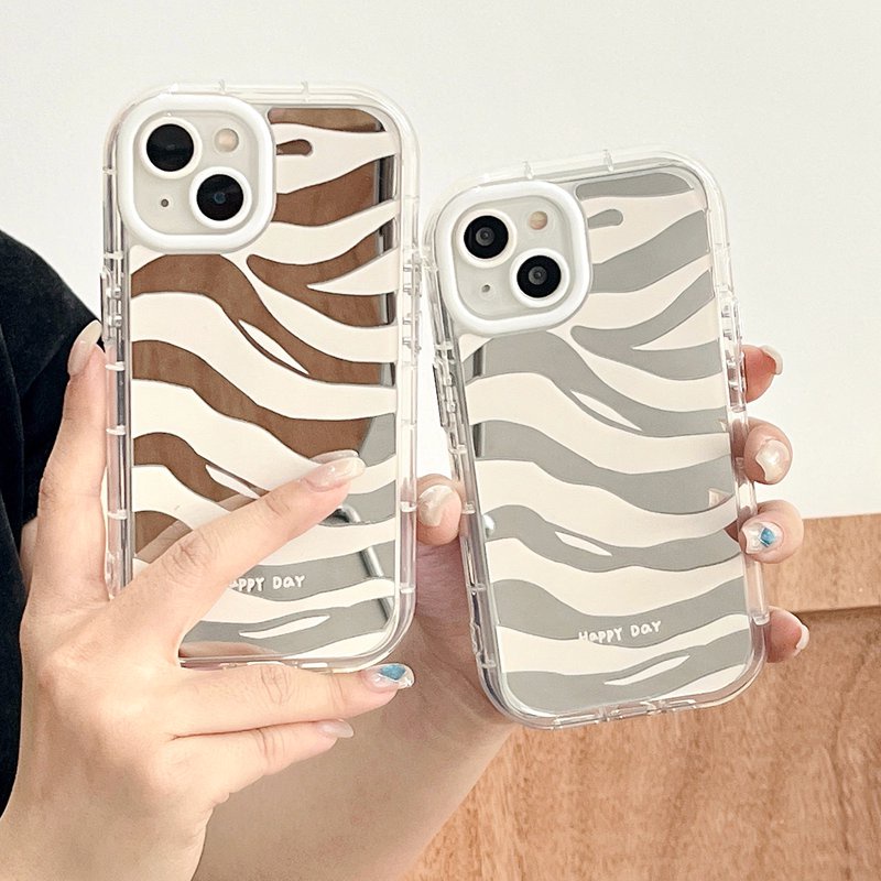 【Ice Cream Mirror】Air Bag Pretty Zebra-stripe Silver Soft Case IPhone 11 12 13 14 Pro Max Women's Gift Cute Phone Case Make Up