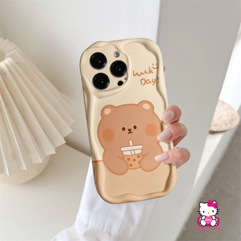 Untuk Realme C53 C30 C35 C55 C31 C25Y C12 C25s C33 C17 C25 C20A C21Y C15 C11 2020 C21 C11 2021 6 5i 5S 7i 5 C3 C20 Kartun Beruang Lucu Teh Susu 3D Wavy Curved Edge Glossy Lembut Tpu Sarung