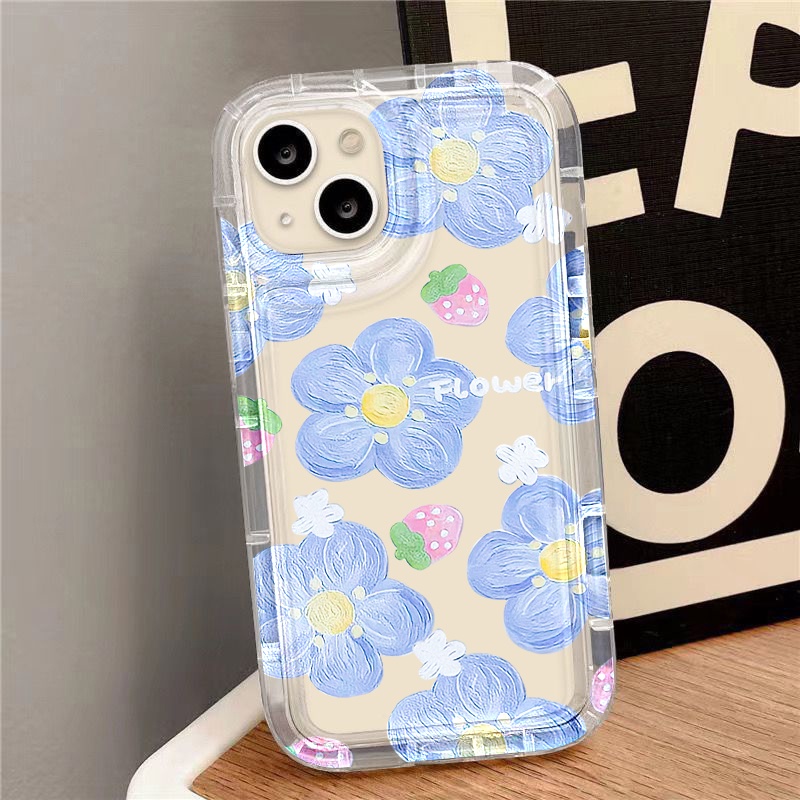 IPHONE Casing Ponsel Bunga Biru Kompatibel Untuk Iphone7Plus8Plus6Plus11 14 13 12 Pro MAX XR X XS MAX SE Airbag Shockproof Cover