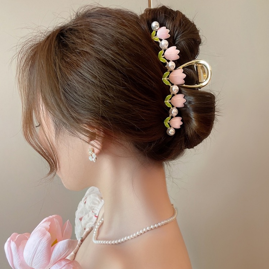 Baru Paduan Tulip Mutiara Rambut Klip Wanita Manis Lucu Bunga Ponytail Holder Hairpin Aksesoris Rambut