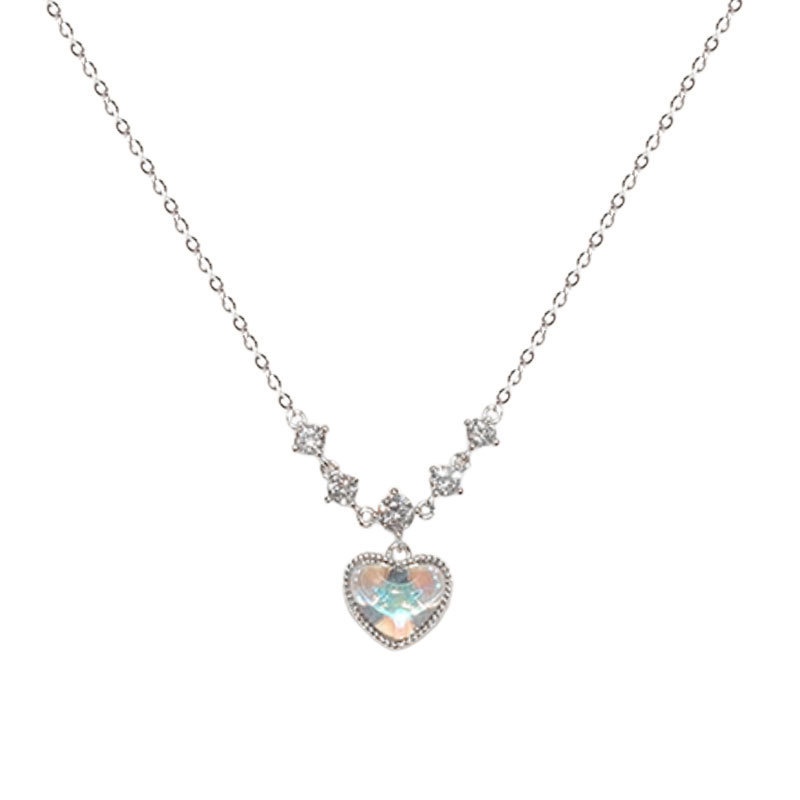 Korea Fashion Moonstone Heart Necklace Vintage Manis Zirkon Rantai Alloy Necklace Untuk Wanita