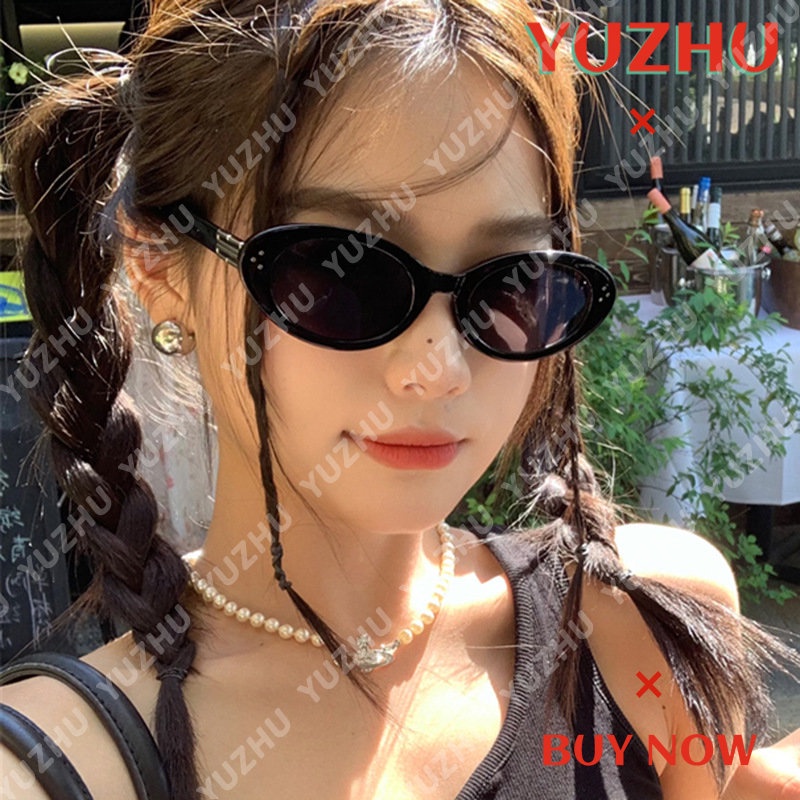 (YUZHU) Oval Padi Spike Kacamata Hitam Mode Baru Vintage Y2K Babes Sunglasses Untuk Wanita