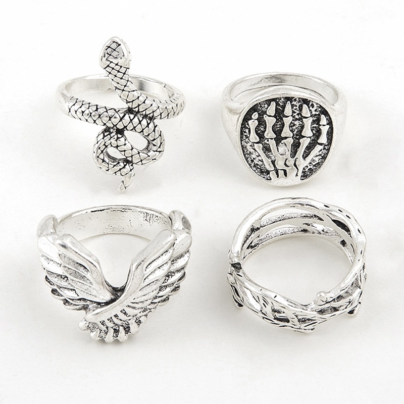 4pcs/set Vintage Ular Hewan Cincin Untuk Wanita Gothic Warna Silver Geometri Logam Alloy Jari Cincin Set Perhiasan