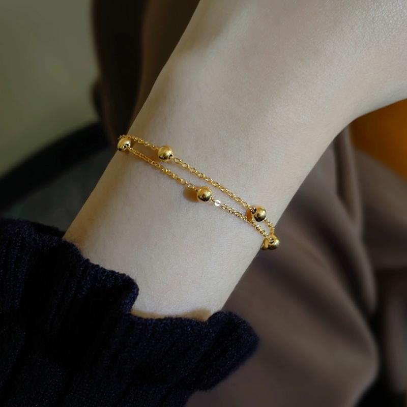 Gelang titanium Anti Karat Emas 18K Wanita Rantai Ganda Keberuntungan Manik Tangan Ornamen