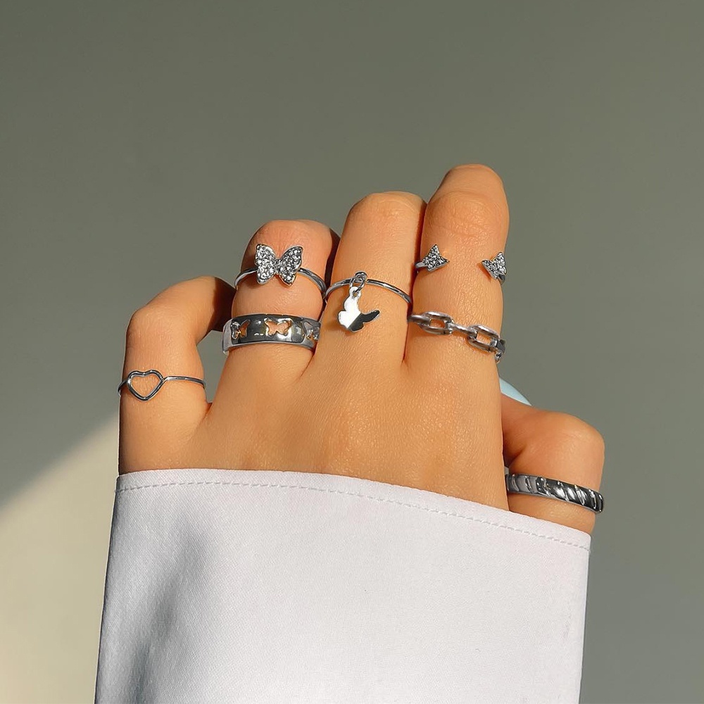 Yeezii 7 Pcs/set Cincin Perak Untuk Wanita Zirkon Kristal Hollow Kupu-Kupu Hati Twist Rings Aksesoris Perhiasan