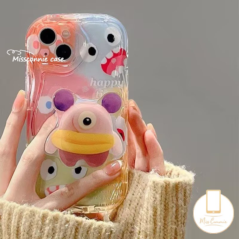 IPHONE Case Monster Kecil Kartun Lucu Kompatibel Untuk Iphone11 14 13 12 Pro Max7 8 6 6s Plus XR X XS Max 7Plus SE 2020 3D Wavy Curved Edge Soft Cover Dengan Braket Stand Ponsel