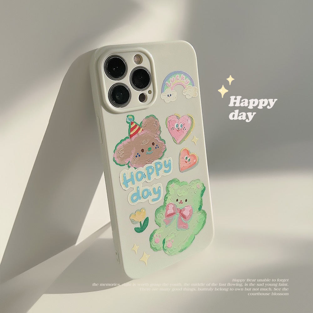IPHONE Happy DAY Lukisan Cat Minyak Kartun Lucu Mainan Beruang Pelindung Lensa Kamera Phone Case Cover Untuk Iphone11 12 13 14 PLUS PRO MAX