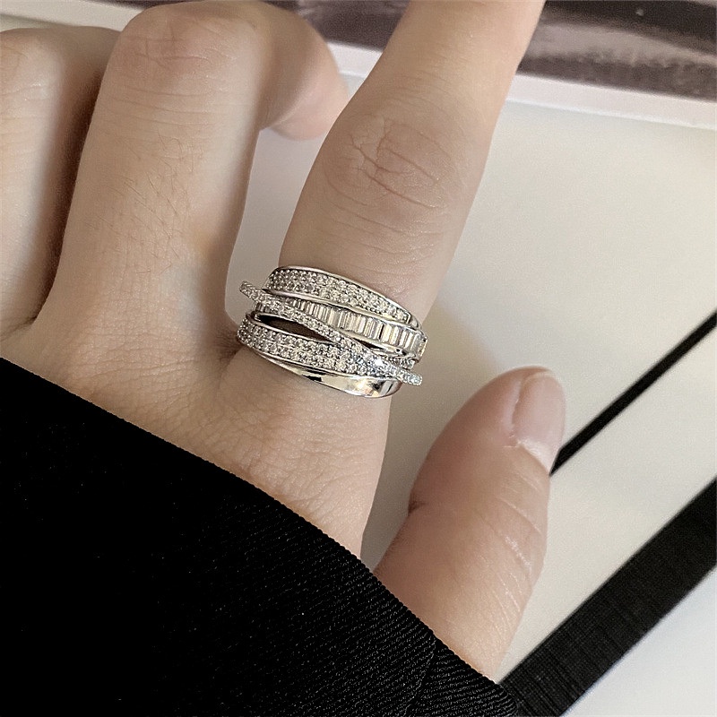 Aksesoris Cincin Zirkon Perak Multi-layer Kepribadian Retro Cahaya Indah Mewah Pasang