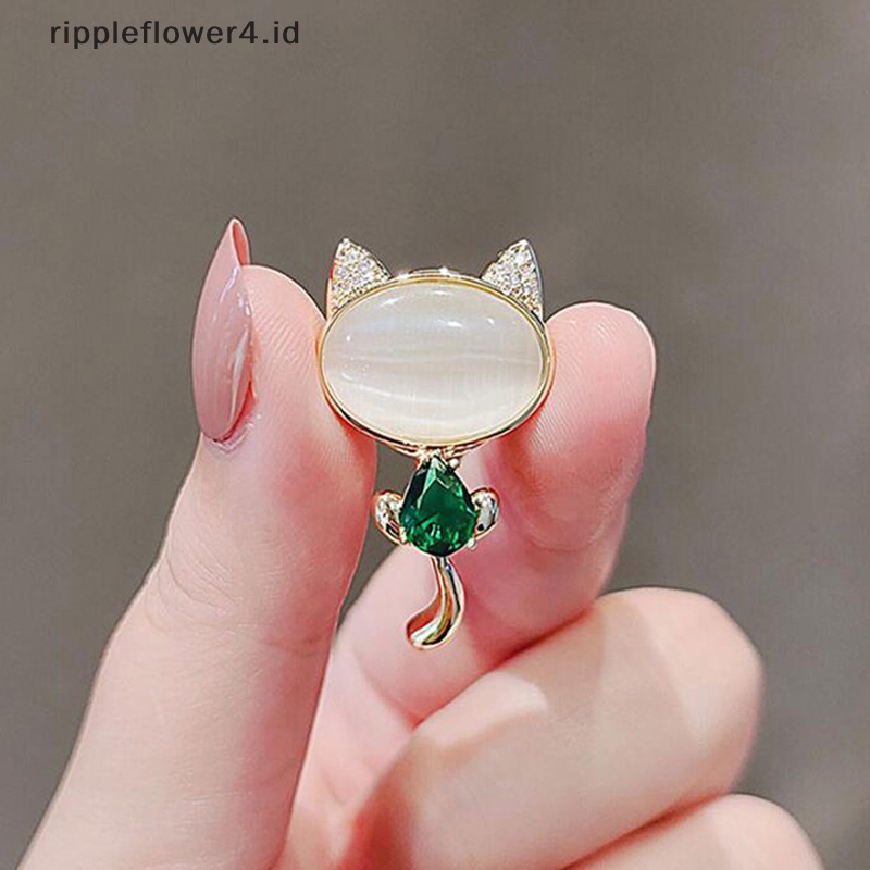 {rippleflower4.id} Berlian Imitasi Elegan Opal Batu Bulan Kucing Bros Pin Untuk Wanita Anak Kucing Lucu Hewan Kristal Korsase Bros Pakaian Aksesoris Hadiah Perlengkapan Pesta~