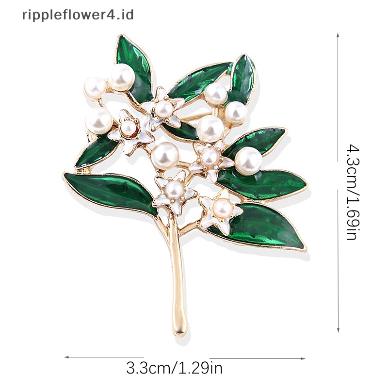 {rippleflower4.id} Fashion Trendi Enamel Bunga Putih Daun Hijau Mutiara Bros Pin Kualitas Tinggi Kreatif Korsase Perhiasan Untuk Wanita Syal Gesper~