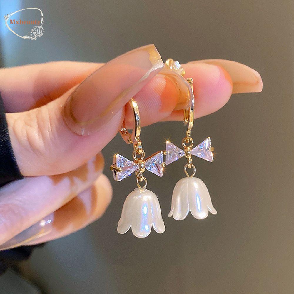 Mxbeauty Anting Hoop Wanita Trendi Untuk Perempuan Bunga Busur Zirkon Kristal Menjuntai Drop Earrings