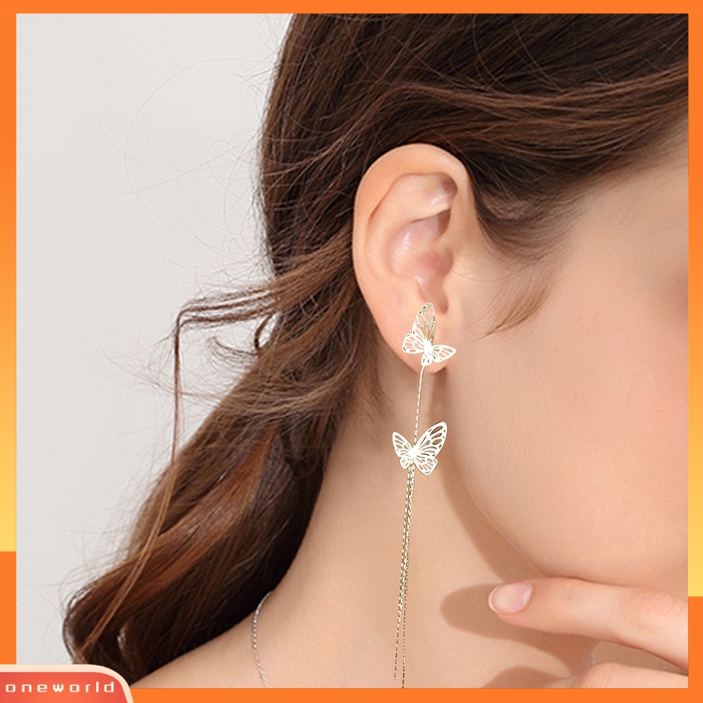 [WOD] Menjuntai Anting Rumbai Panjang Hias Lapisan Ganda Temperamen All-match Perhiasan Hadiah Logam Wanita Berongga Kupu-Kupu Liontin Drop Earrings Untuk Perjamuan