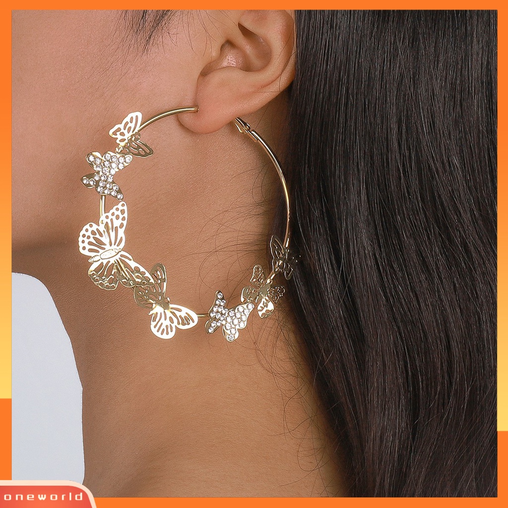 [WOD] 1pasang Anting Hoop Vintage Geometris Berlebihan Berlian Imitasi Mengkilap Hias Dekorasi Hadiah 3D Berongga Keluar Kupu-Kupu Wanita Anting Lingkaran Untuk Perjamuan