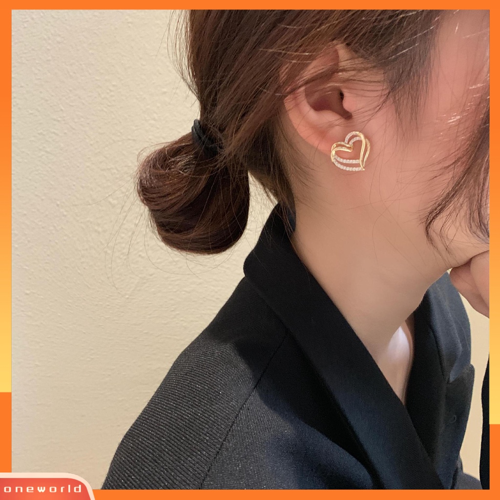 [WOD] 1pasang Lady Stud Earrings Mewah Berlian Imitasi Mengkilap Bentuk Hati Double-layer Bridal Earrings Perhiasan Perempuan