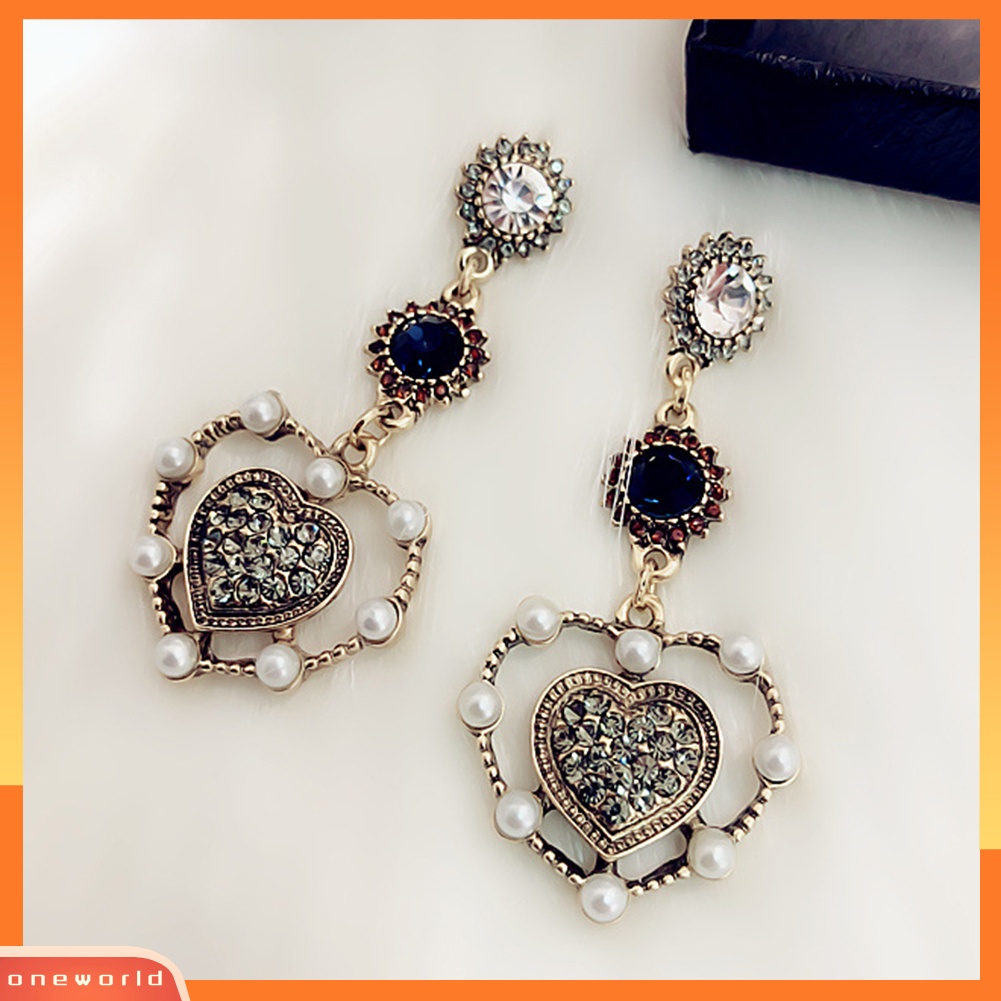 [WOD] Vintage Wanita Mutiara Imitasi Berlian Imitasi Jantung Telinga Drop Menjuntai Anting Perhiasan Hadiah