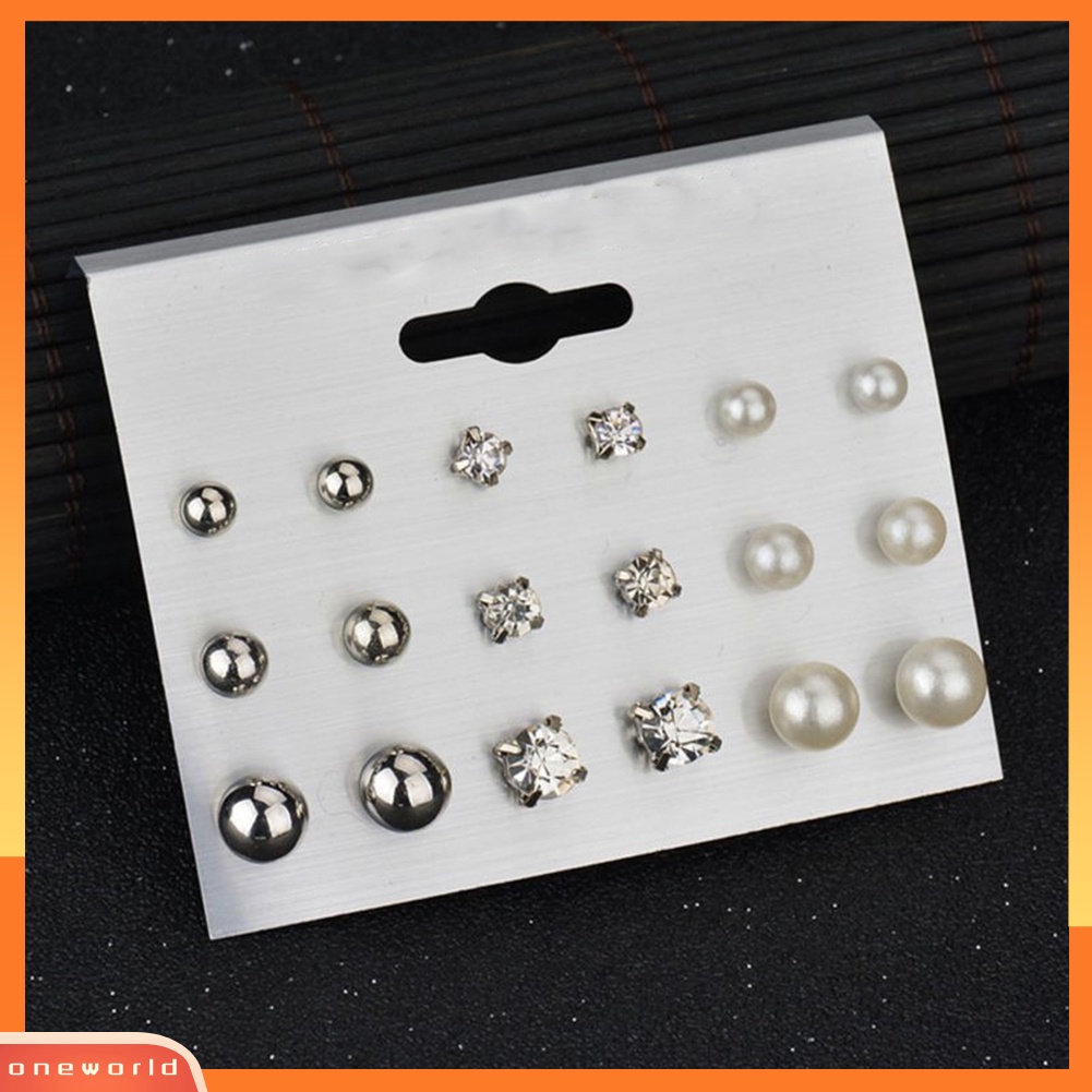 [WOD] 6 /9 /12Pasang Fashion Wanita Berlian Imitasi Mutiara Imitasi Ear Studs Earrings Set Hadiah