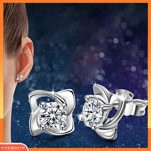 [WOD] Wanita Pernikahan Bunga Cubic Zirconia Perak Disepuh Ear Stud Earrings