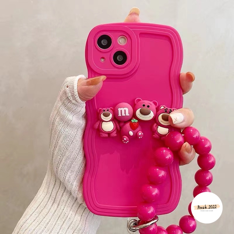 Case Untuk Redmi 12C A1 A2 10C 10 9 9A 9T 9C A1 10A A1+A2+ Note 10s 9 11 10 8 9s 11s 10Pro Max Mi 11T Pro POCO M3 X3 NFC 3D Strawberry Bear Manyo Wavy Edge Case Dengan Gelang Manik