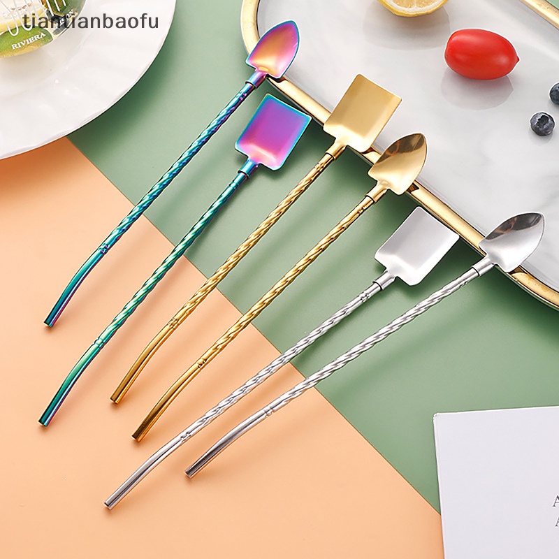 [tiantianbaofu] 2in1minum Sedotan Sendok Kreatif Stainless Steel Reusable Drinking Straw Boutique