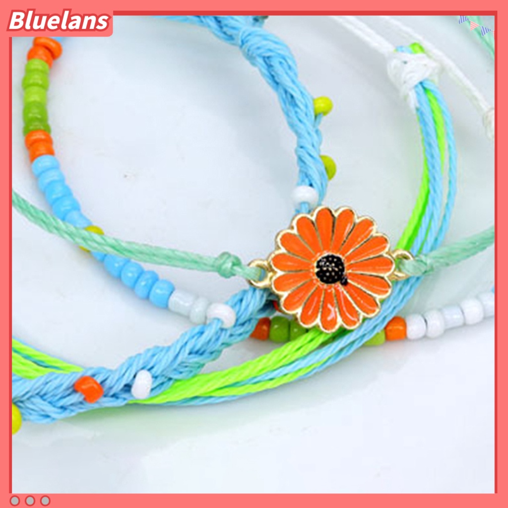 [BLS] 4pcs Wanita Gelang Gaya Bohemian Paduan Tahan Air Tenun Tangan Gelang Braided Bangle Dengan Liontin Set Hadiah Ulang Tahun