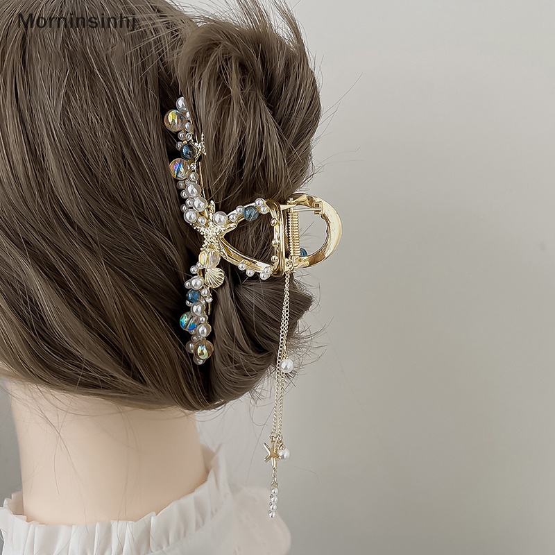 Mornin Fashion Shiny Hair Clip Wanita Hair Claw Metal Berlian Imitasi Mutiara Rumbai Retro id