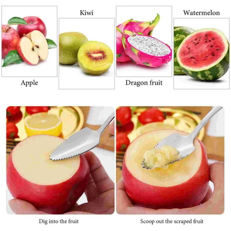 Sendok Puree Buah Apel Stainless Steel High Quality/ Sendok Dessert Es Krim Ujung Gerigi Gagang Panjang