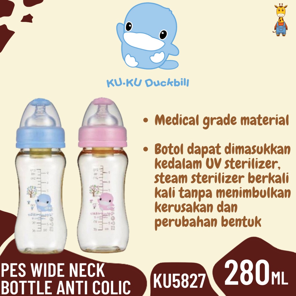 Kuku Duckbill PES Wide Neck Bottle Anti Colic 280ml KU5827 - Botol Susu