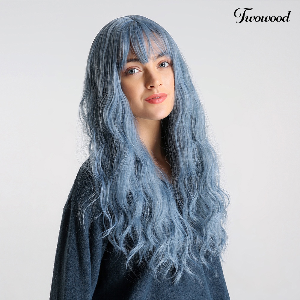 Twowood Serat Suhu Tinggi Biru Panjang Keriting Bang Wig Wanita Cosplay Pesta Sopak