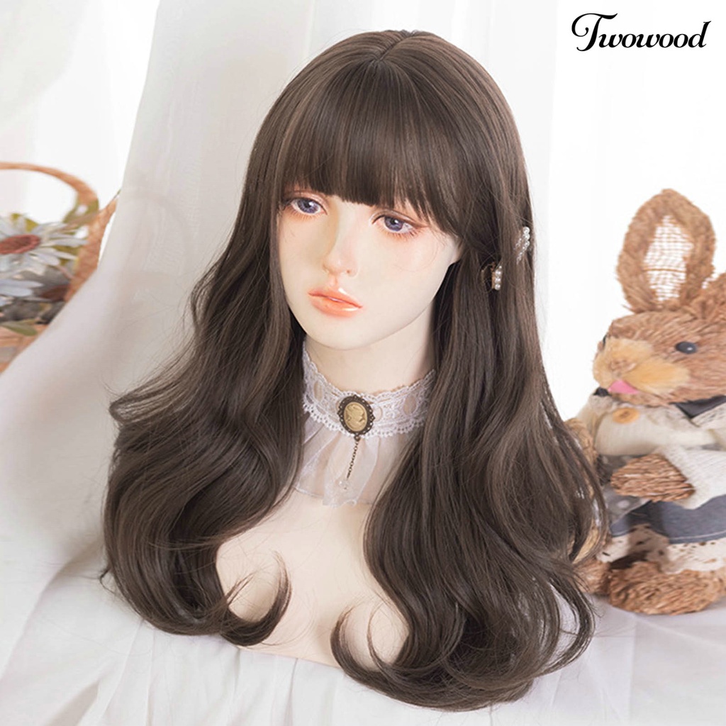 Twowood 1set Wig Wanita No Perm Berbulu Tidak Jatuh Halus Styling Rambut Cakupan Penuh Mid Length Rambut Keriting Wig Dengan Poni Digunakan Wanita