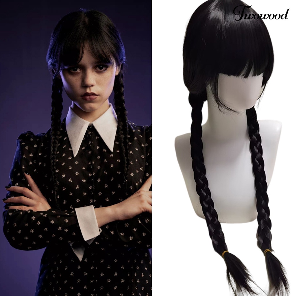 Twowood Serat Suhu Tinggi Dikepang Halus Wig Dengan Poni Film Rabu Addams Cosplay Wanita Wig Alat Styling Rambut