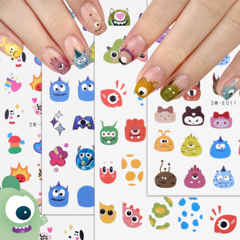 [Unggulan] 1lembar Kartun Lucu Kecil Monster Stiker Kuku Kawaii Mata Besar Transfer Air Kuku Stiker 3D Warna-Warni Perekat Diri Nail Art Slider Tape Manicure Dekorasi