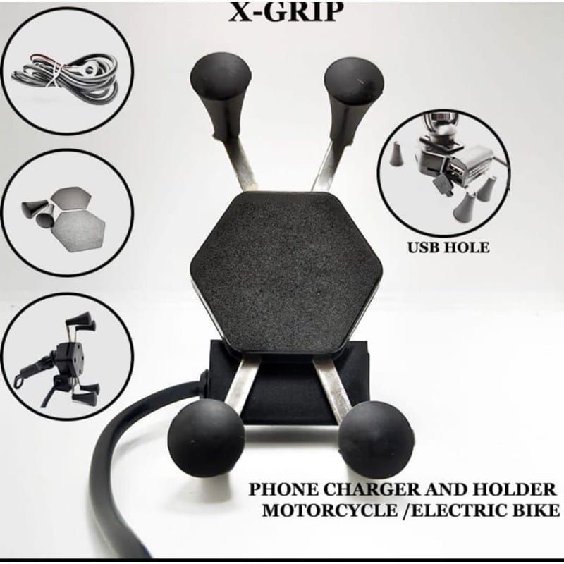 Holder Hp Model X Holder Hp Plus Charger USB Holder Hp / Dudukan Hp Motor Di Spion Universal